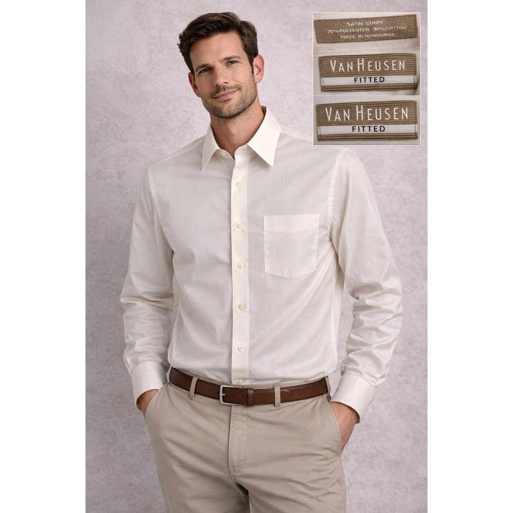 Van Heusen Fitted Satin‎ Stripe Dress Shirt Mens M 15 32/33 White Wrinkle Free